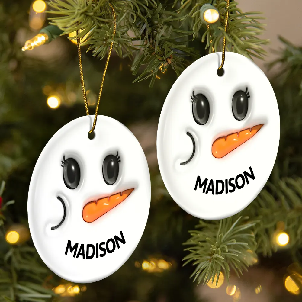 Cute Snowman Smile Name - 3D Inflated Effect Printed Personalized Combo Circle Ceramic Ornament Set - Image 2