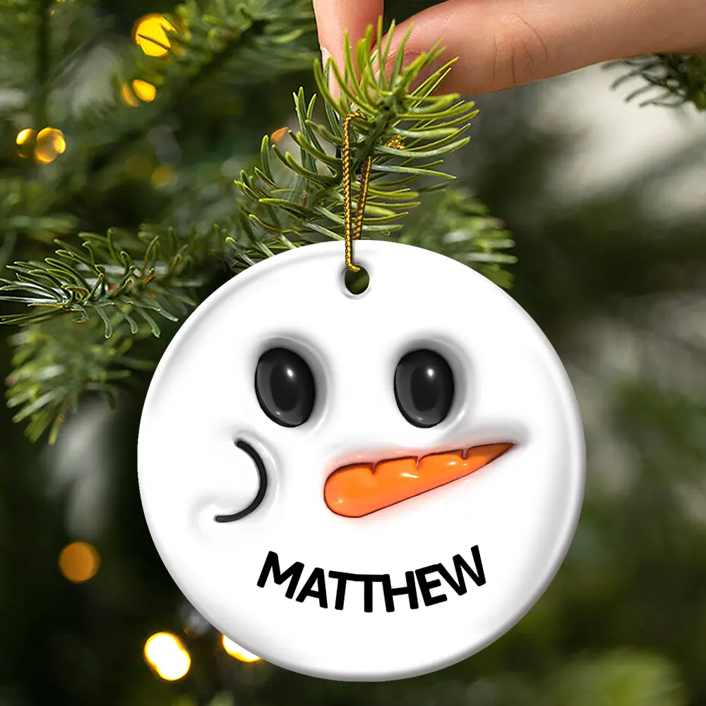 Cute Snowman Smile Name - 3D Inflated Effect Printed Personalized Combo Circle Ceramic Ornament Set - Image 3