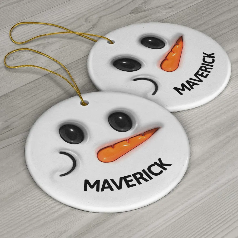 Cute Snowman Smile Name - 3D Inflated Effect Printed Personalized Combo Circle Ceramic Ornament Set - Image 6