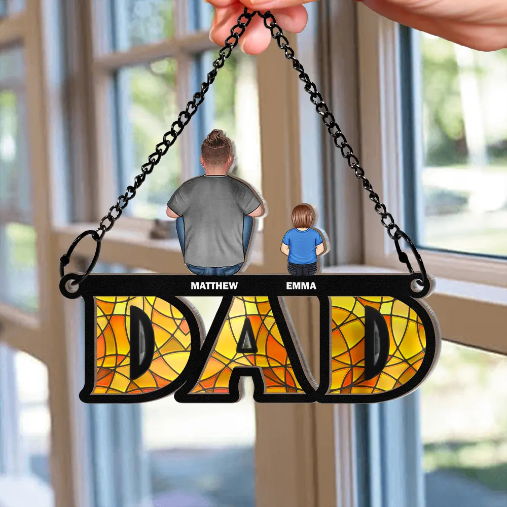 Dad And His Children - Personalized Window Hanging Suncatcher Ornament - Image 2