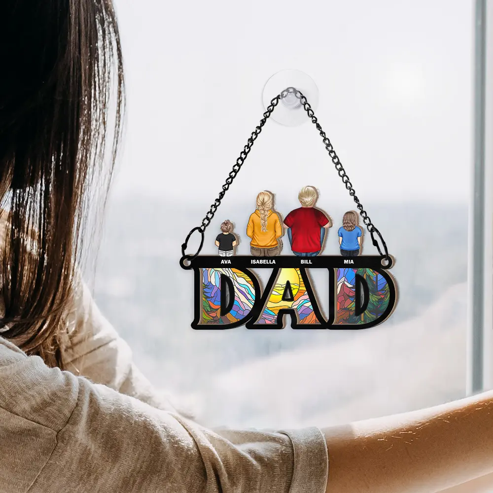 Dad And His Children - Personalized Window Hanging Suncatcher Ornament - Image 4