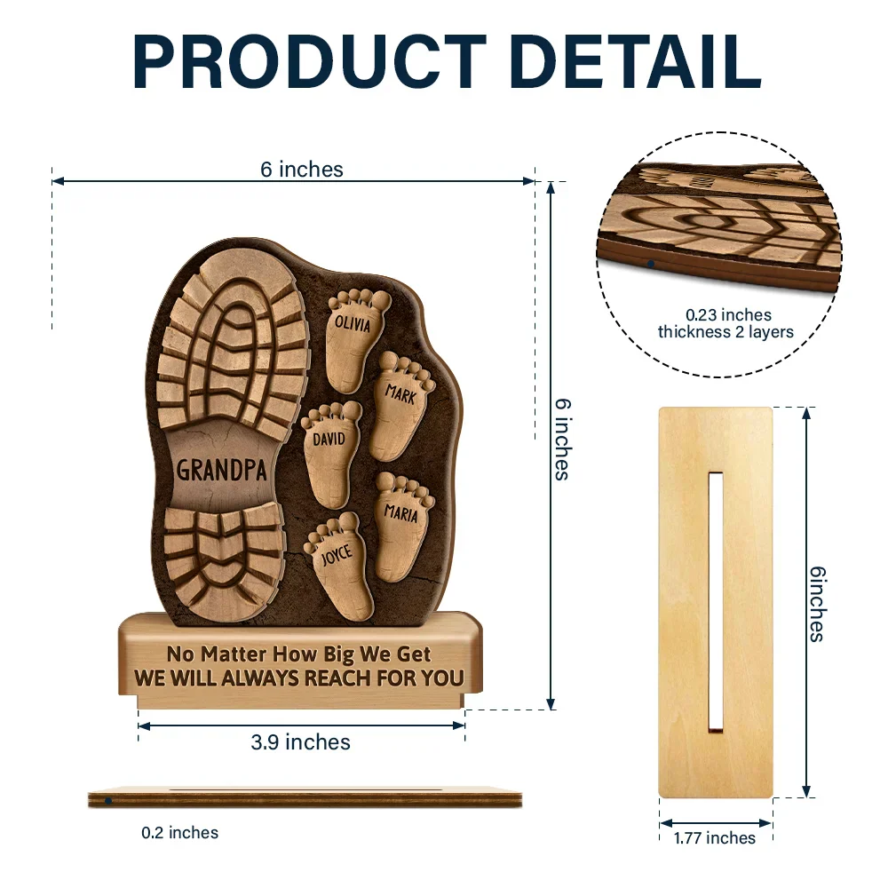 Dad And Kids Footsteps No Matter How Big We Get - Personalized Custom Shaped 2-Layered Wooden Plaque - Image 4