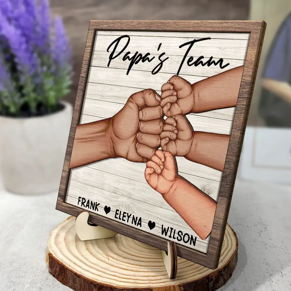 Dad And Kids Together We're A Team - Personalized 2-Layered Wooden Plaque With Stand - Image 2