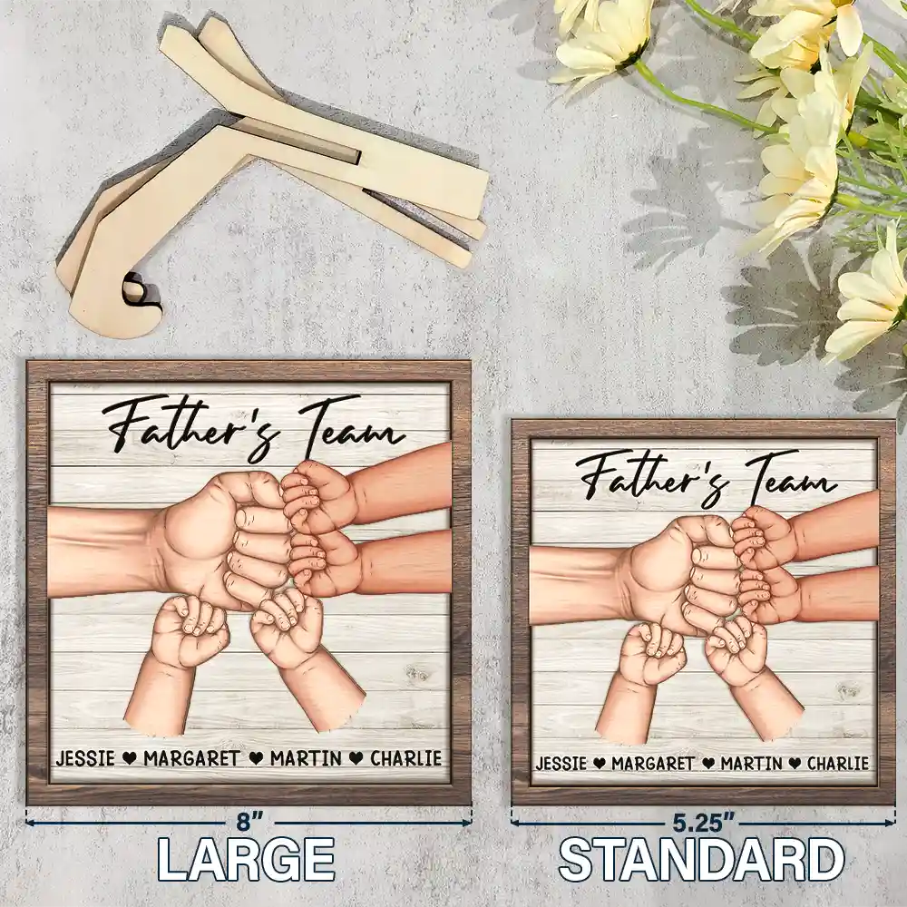 Dad And Kids Together We're A Team - Personalized 2-Layered Wooden Plaque With Stand - Image 4