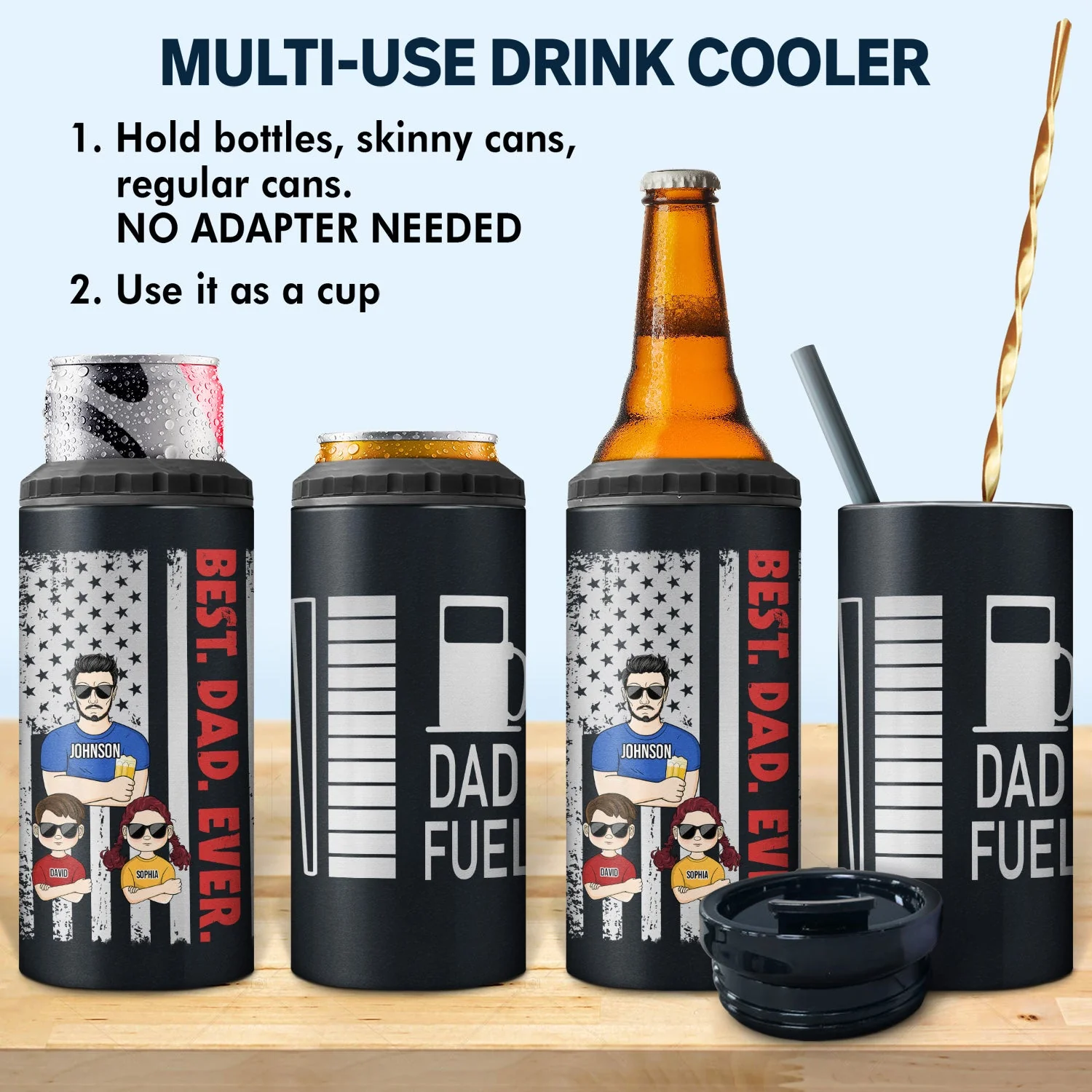 Dad Fuel - Birthday, Cool Gift For Daddy, Father, Grandpa, Grandfather, Husband, Men - Personalized Custom 4 In 1 Can Cooler Tumbler - Image 2