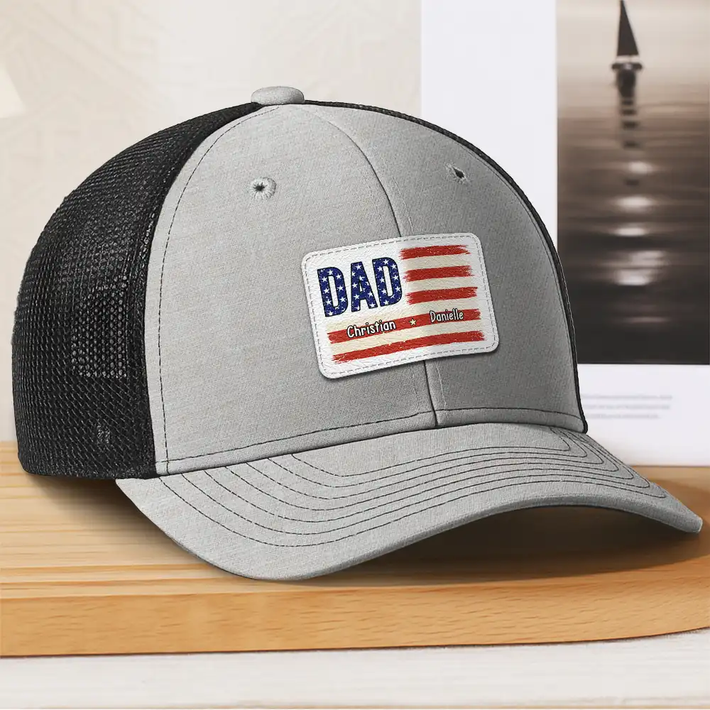 Dad Grandpa America Flag Brush Stroke - Personalized Leather Patch Hat - Image 3