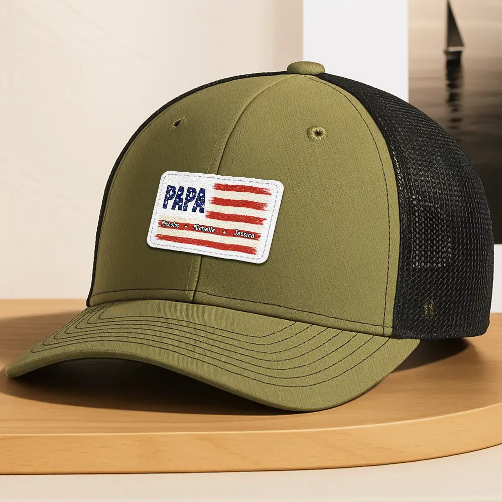 Dad Grandpa America Flag Brush Stroke - Personalized Leather Patch Hat - Image 4
