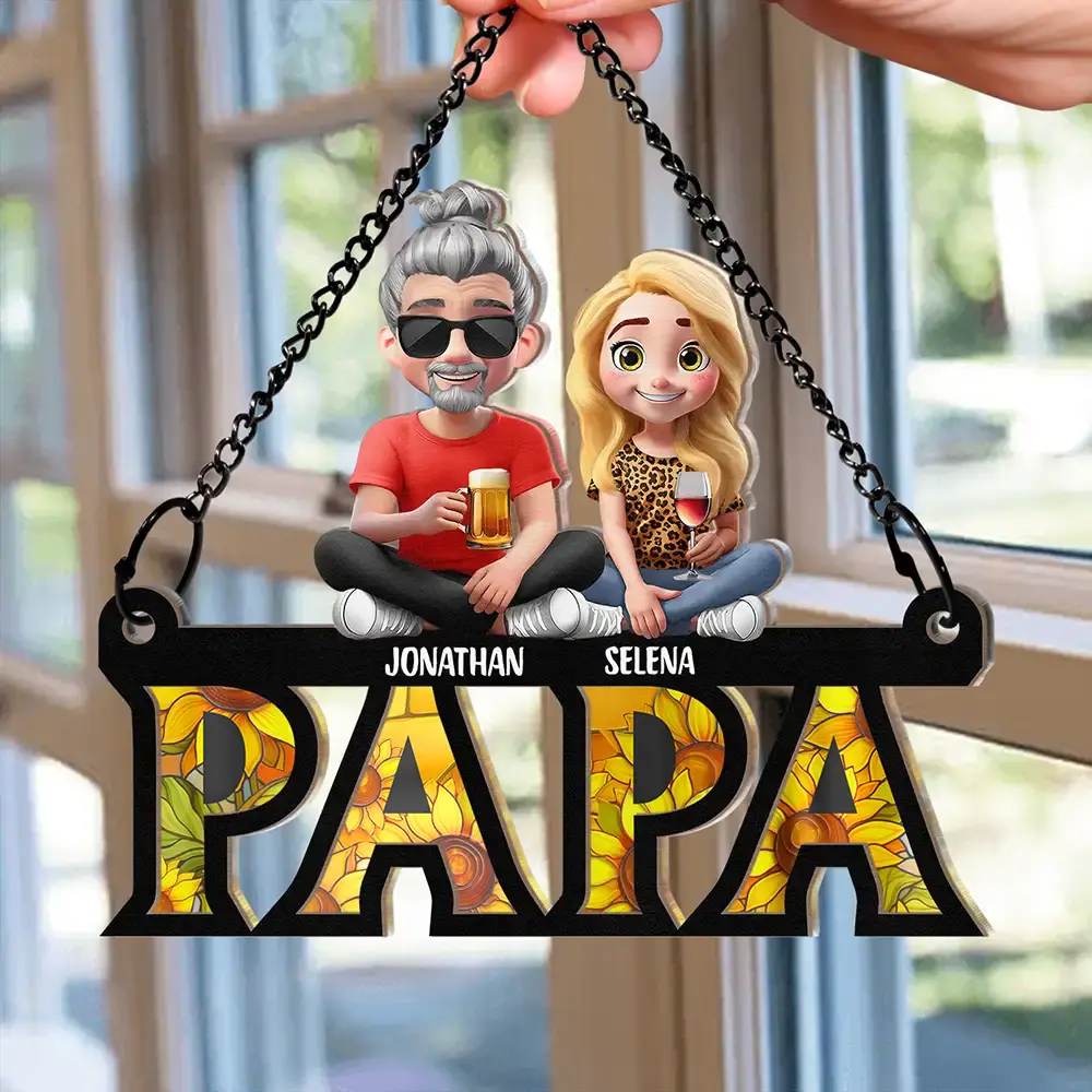 Dad Grandpa Sitting With Children - Personalized Window Hanging Suncatcher Ornament - Image 2