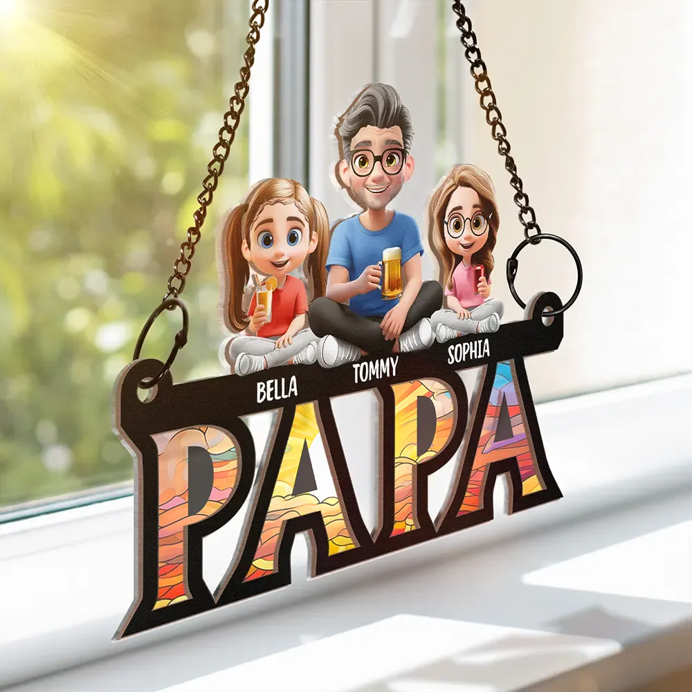 Dad Grandpa Sitting With Children - Personalized Window Hanging Suncatcher Ornament - Image 3