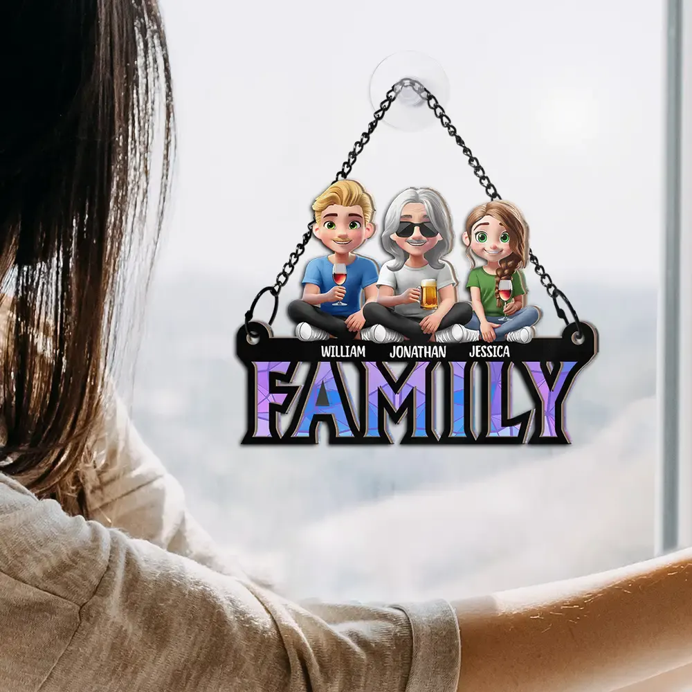 Dad Grandpa Sitting With Children - Personalized Window Hanging Suncatcher Ornament - Image 4