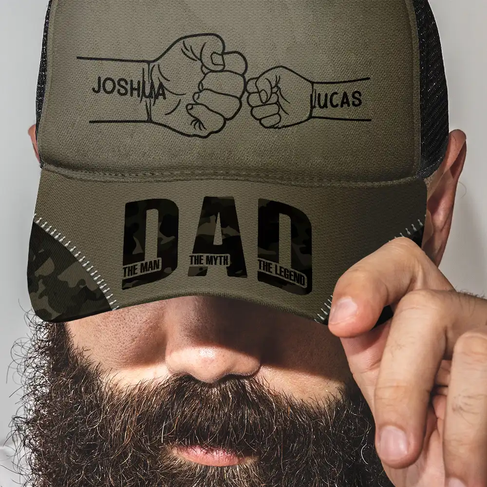 Dad Kid First Bump The Man The Myth The Legend - Personalized Mesh-back Casual Cap - Image 3