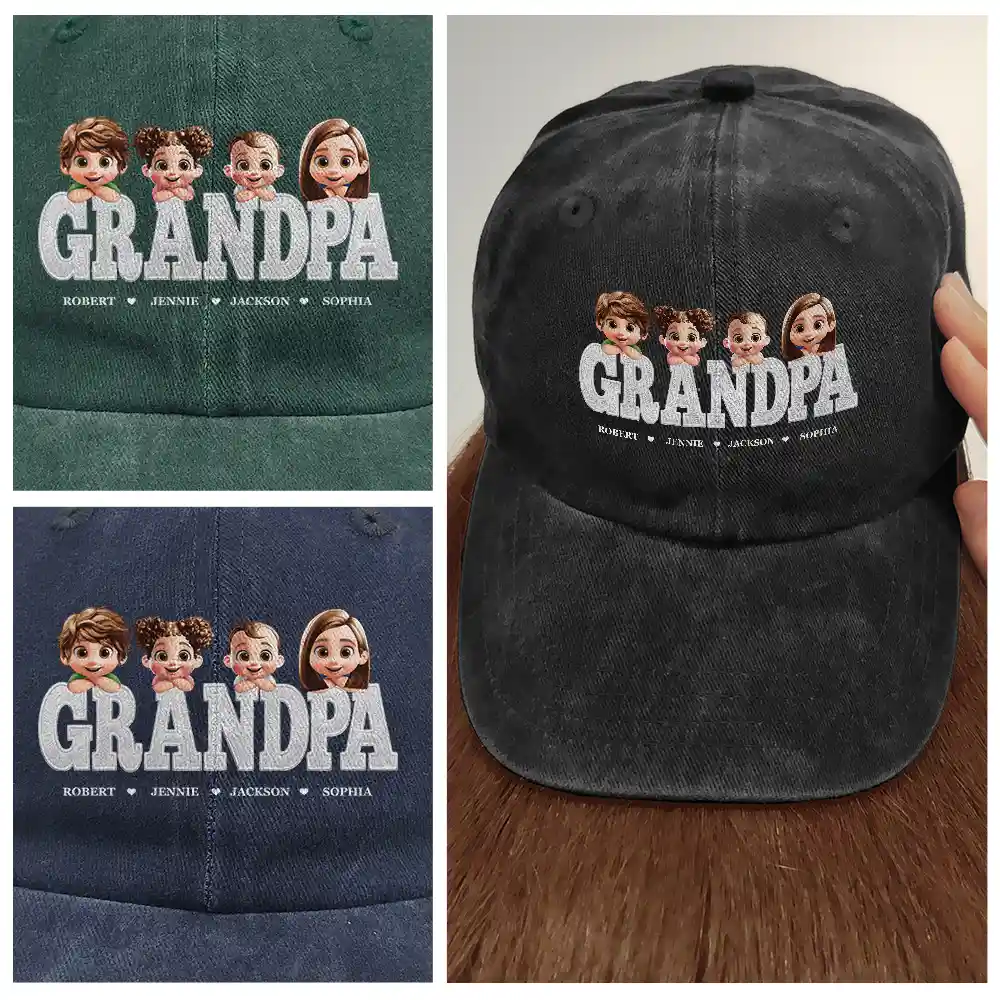 Dad Papa Grandpa Embroidery Effect Title - Personalized Vintage Washed Denim Cap - Image 4
