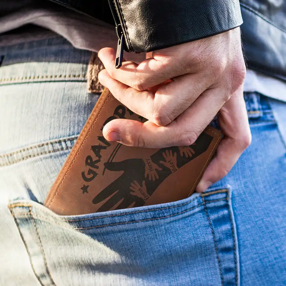 Dad Papa Grandpa Hand In Hand No Matter How Big We Get - Personalized Engraved Leather Wallet - Image 3