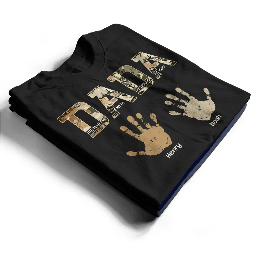 Dad Papa The Man Myth Legend Kid Handprint - Personalized T Shirt - Image 2