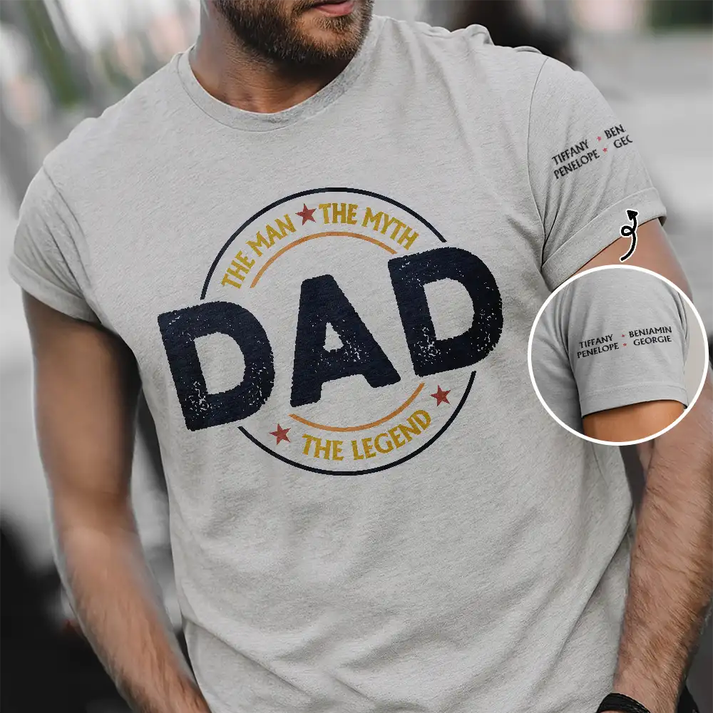Dad Papa The Man The Myth The Legend Retro Logo With Names On Sleeves - Personalized T Shirt - Image 2
