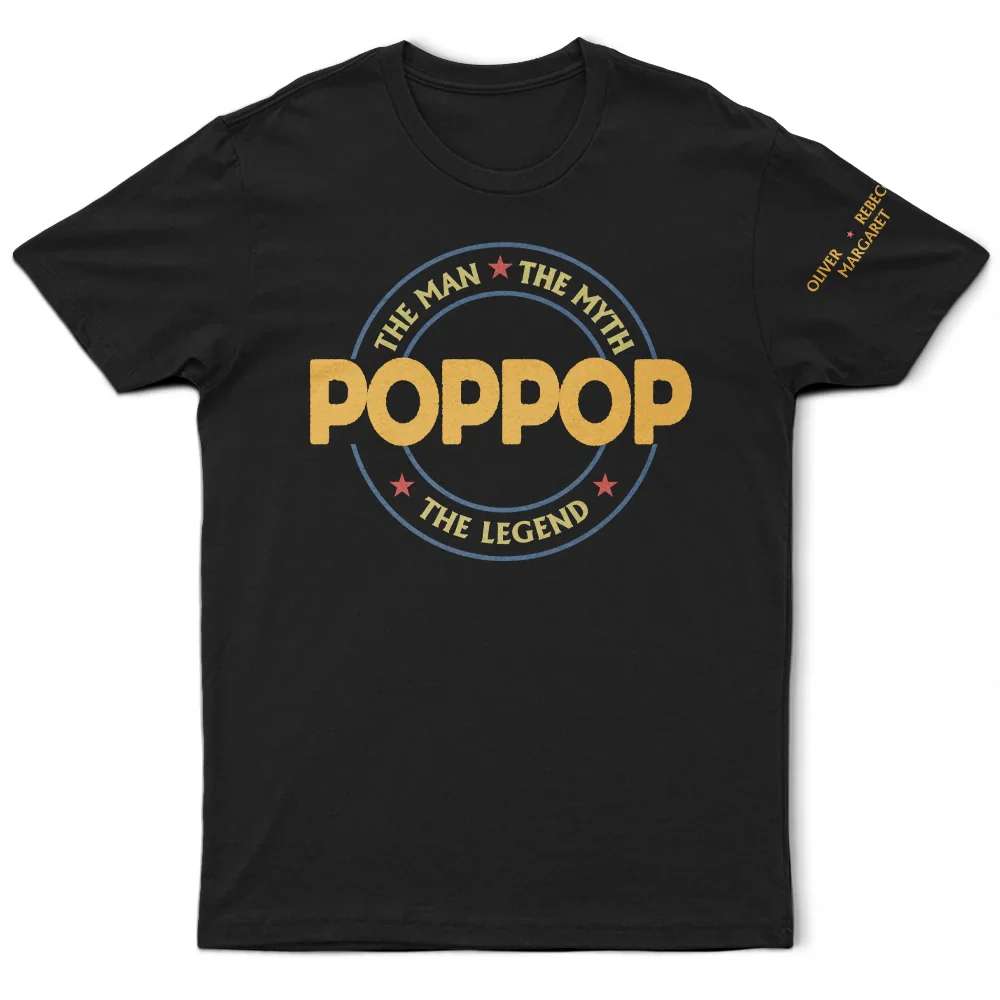 Dad Papa The Man The Myth The Legend Retro Logo With Names On Sleeves - Personalized T Shirt - Image 3