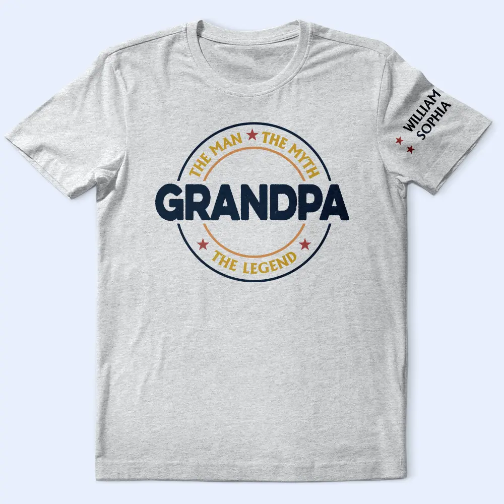 Dad Papa The Man The Myth The Legend Retro Logo With Names On Sleeves - Personalized T Shirt - Image 4