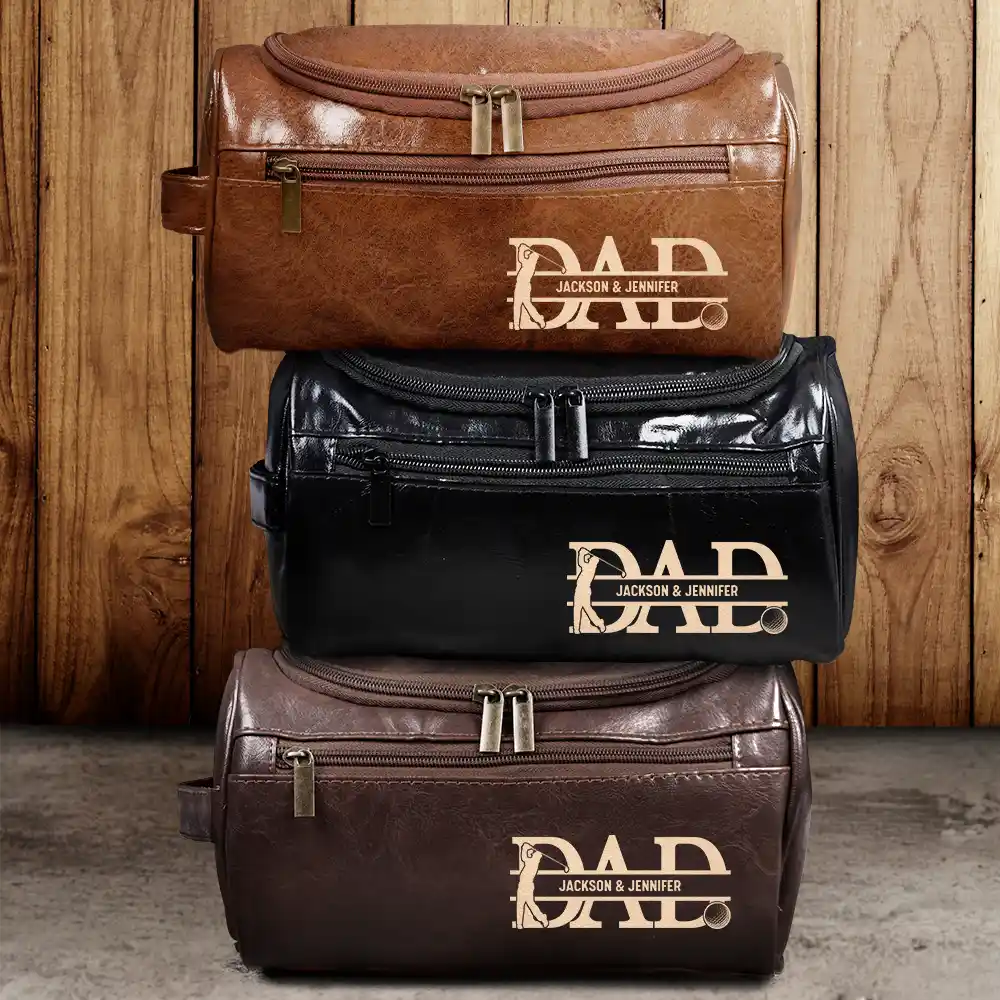 Dad We Love You With Kids Names - Personalized Leather Toiletry Bag - Image 2