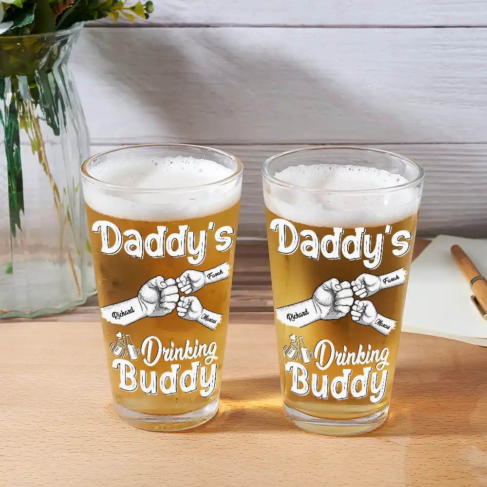 Daddy Drinking Buddy Funny Baby And Dad - Personalized Beer Glass - Image 3