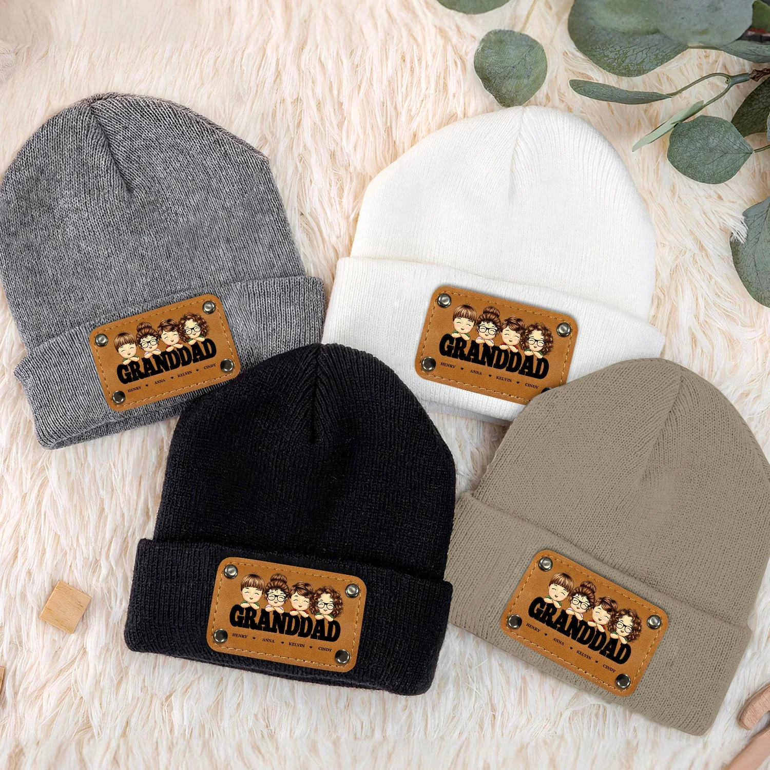 Daddy Papa - Gift For Father, Grandpa - Personalized Beanie With Leather Patch - Image 3