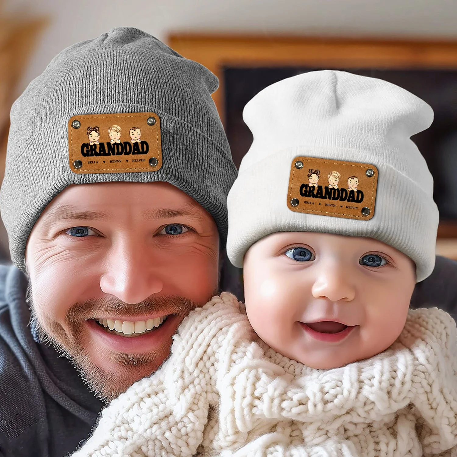 Daddy Papa - Gift For Father, Grandpa - Personalized Beanie With Leather Patch - Image 5