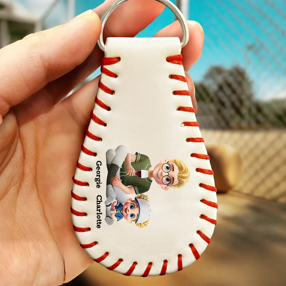 Daddy's Dream Team - Personalized Leather Baseball Keychain - Image 2