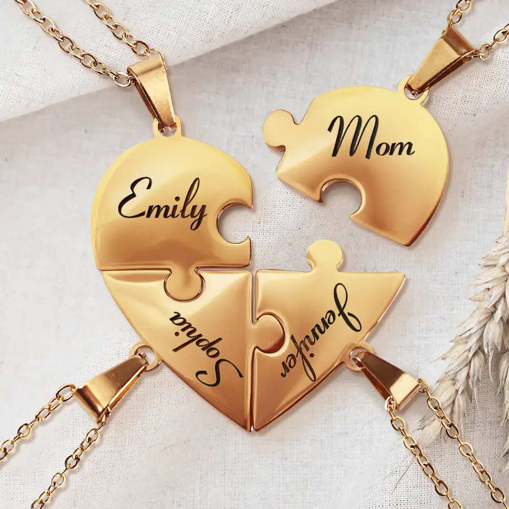 Daughter Mom You Are The Piece That Hold Us Together - Personalized Heart Puzzle Necklace Set