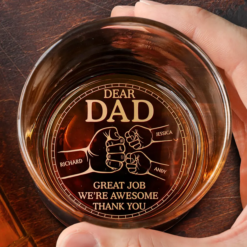 Dear Dad Great Job We're Awesome Thank You Pet And Children Hand Punch - Personalized Engraved Whiskey Glass