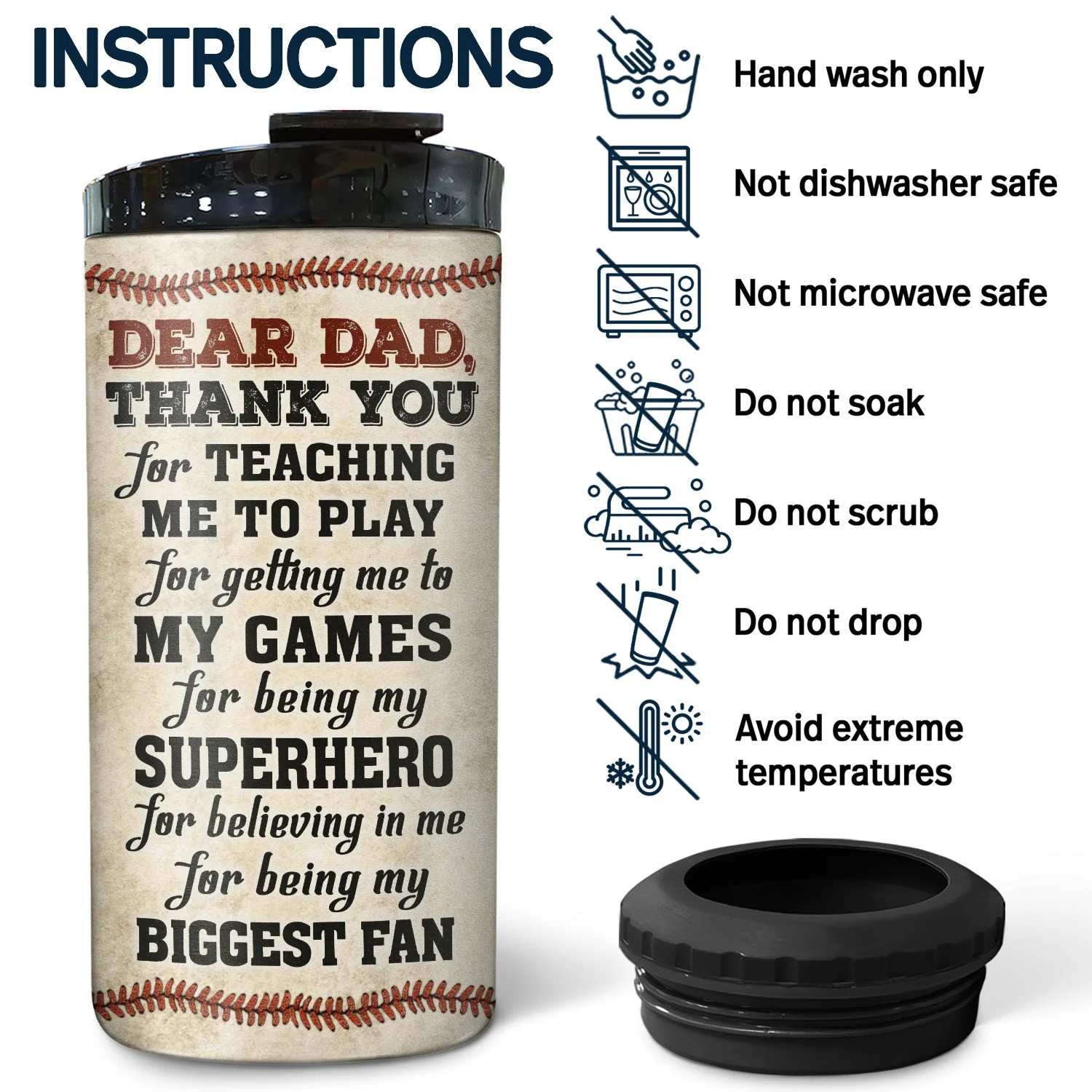 Dear Dad Thank You For Teaching Me - Gift For Father, Baseball Fans, Softball - Personalized Custom 4 In 1 Can Cooler Tumbler - Image 5