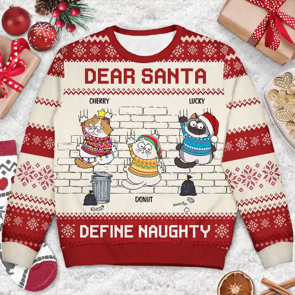 Dear Santa Define Naughty Cat Lovers - Personalized Unisex Ugly Sweater - Image 3