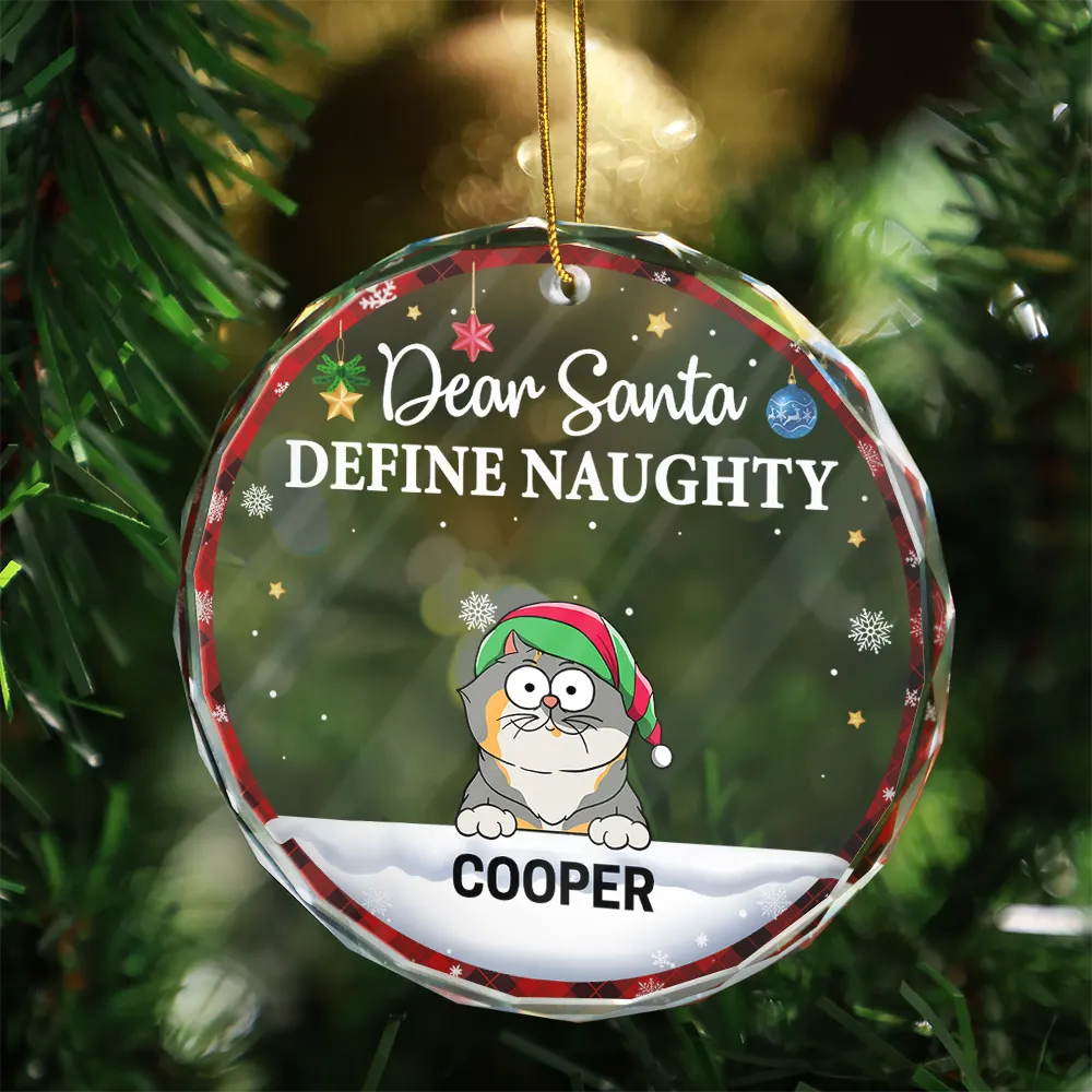 Dear Santa Define Naughty Christmas Dog Cat - Personalized Circle Glass Ornament - Image 3
