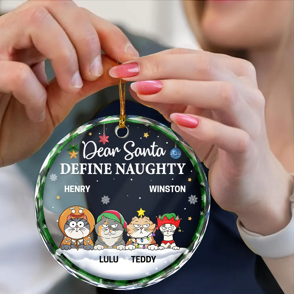 Dear Santa Define Naughty Christmas Dog Cat - Personalized Circle Glass Ornament - Image 4