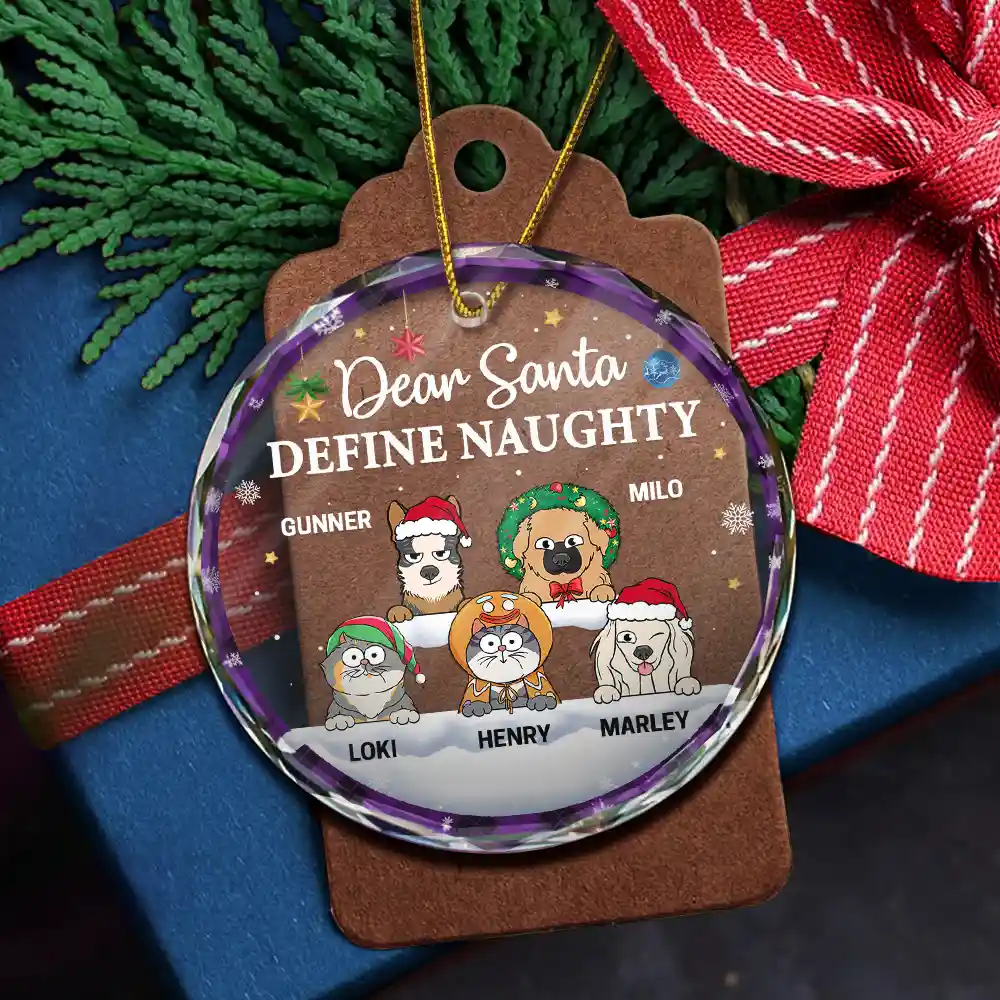 Dear Santa Define Naughty Christmas Dog Cat - Personalized Circle Glass Ornament - Image 5