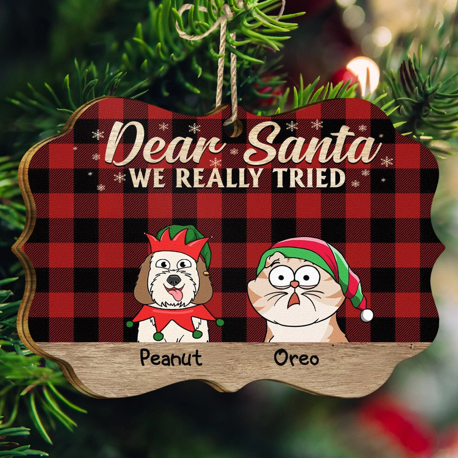 Dear Santa We Really Tried - Christmas Gift For Dog Lovers, Cat Lovers - Personalized Medallion Wooden Ornament - Image 3