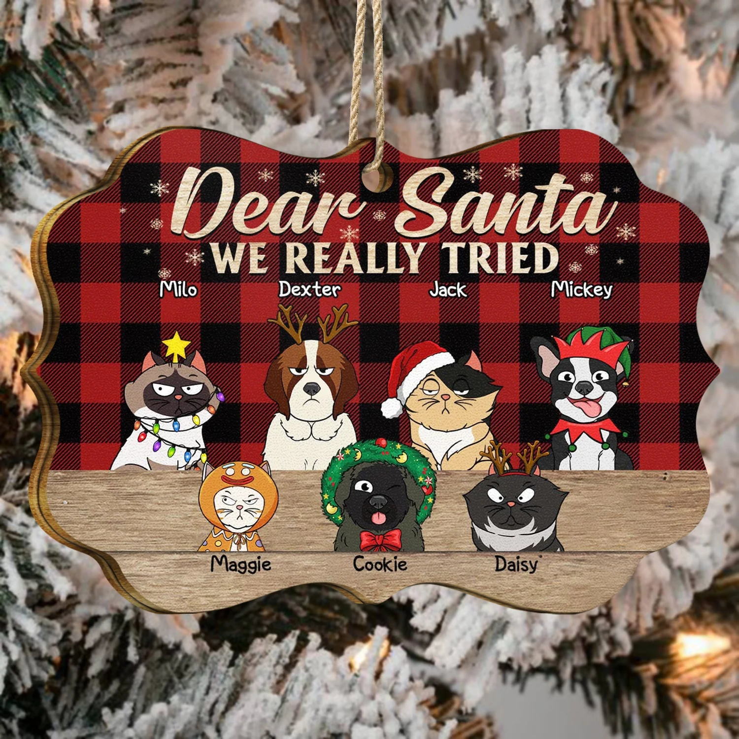 Dear Santa We Really Tried - Christmas Gift For Dog Lovers, Cat Lovers - Personalized Medallion Wooden Ornament - Image 4