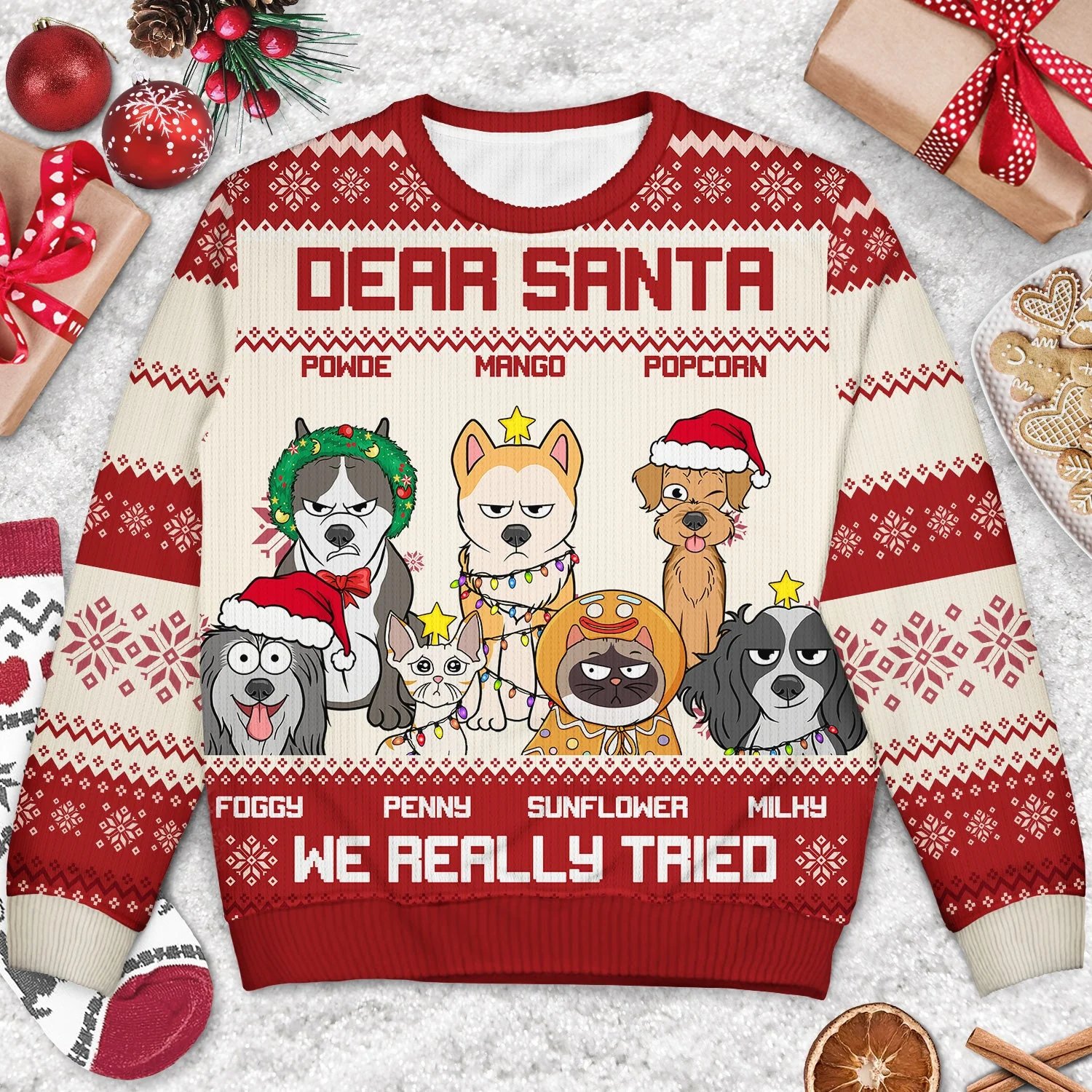 Dear Santa We Really Tried - Christmas Gift For Dog Lovers, Cat Lovers - Personalized Unisex Ugly Sweater - Image 3