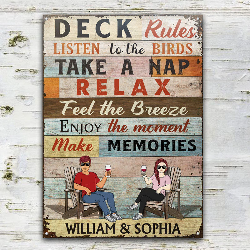 Deck Rules Listen To The Birds Husband Wife Couple - Backyard Sign - Personalized Custom Classic Metal Signs - Image 2