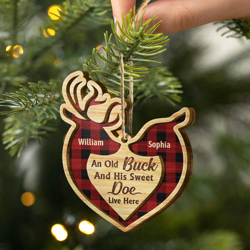 Deer Couple Live Here - Christmas Gift For Couple - Personalized Custom 2 Layered Wooden Ornament - Image 2