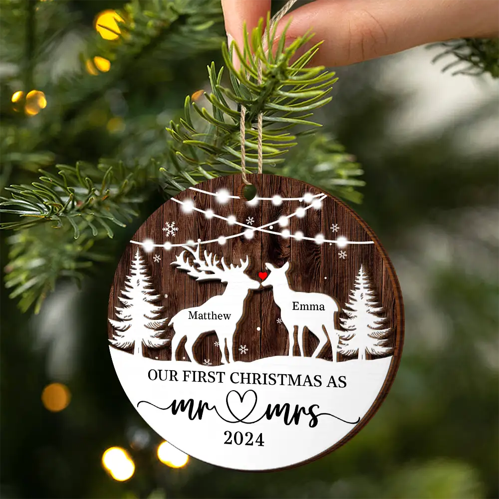 Deer Couple Our First Christmas As Mr. & Mrs. - Personalized 2-Layered Wooden Ornament - Image 2
