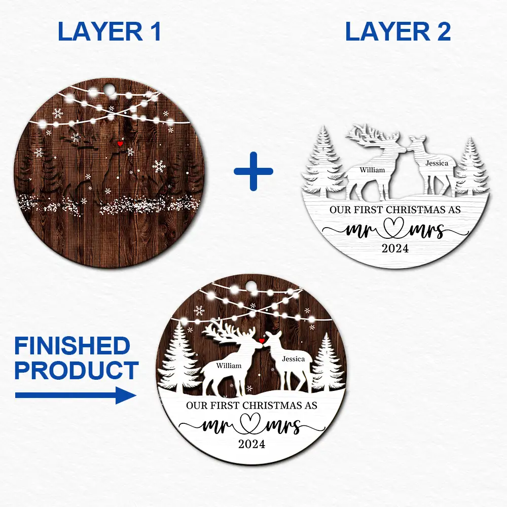 Deer Couple Our First Christmas As Mr. & Mrs. - Personalized 2-Layered Wooden Ornament - Image 6