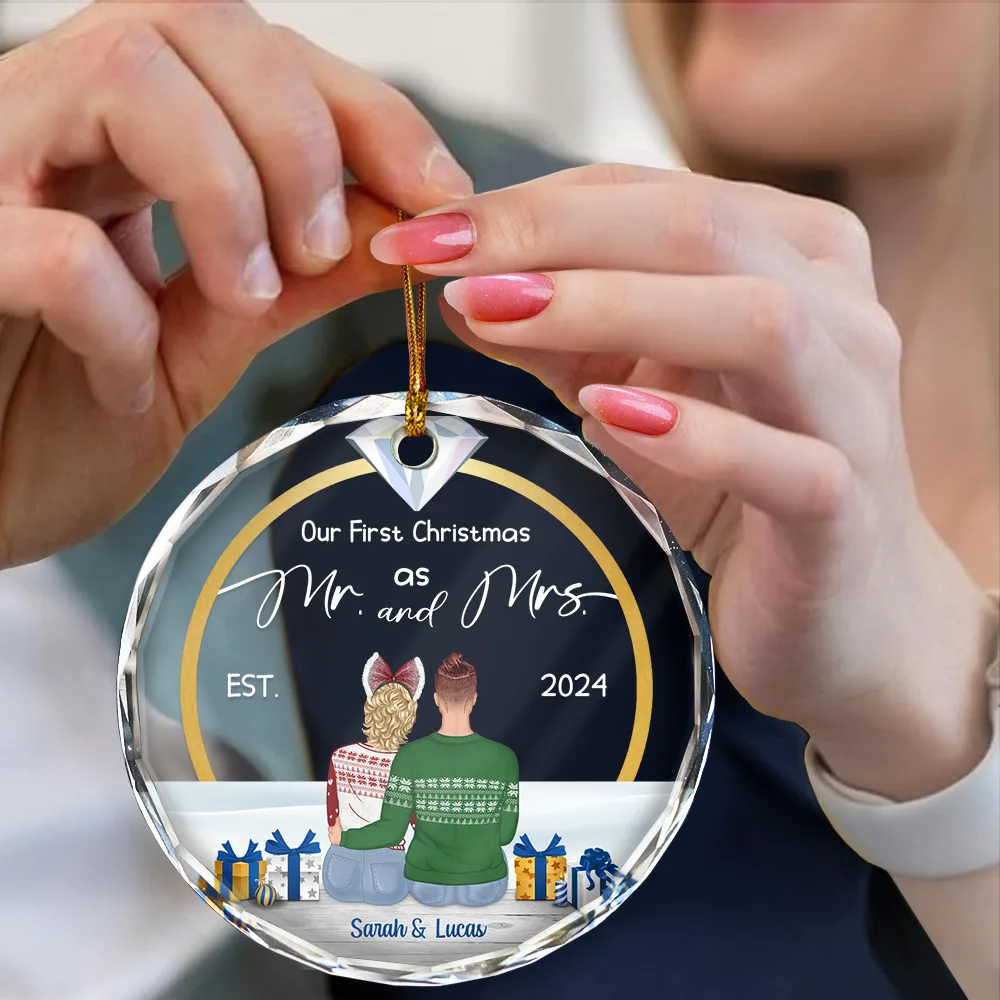 Diamond Ring First Christmas Married - Personalized Circle Glass Ornament - Image 4