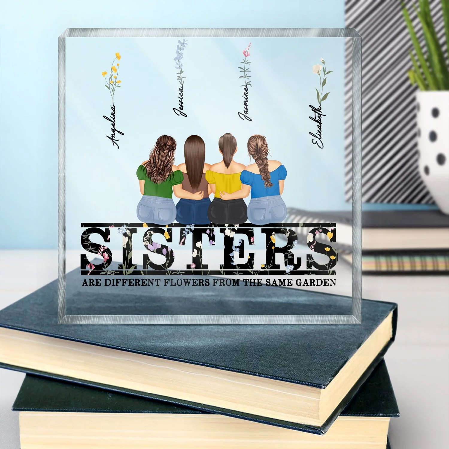Different Flowers - Gift For Sisters - Personalized Square Shaped Acrylic Plaque - Image 4
