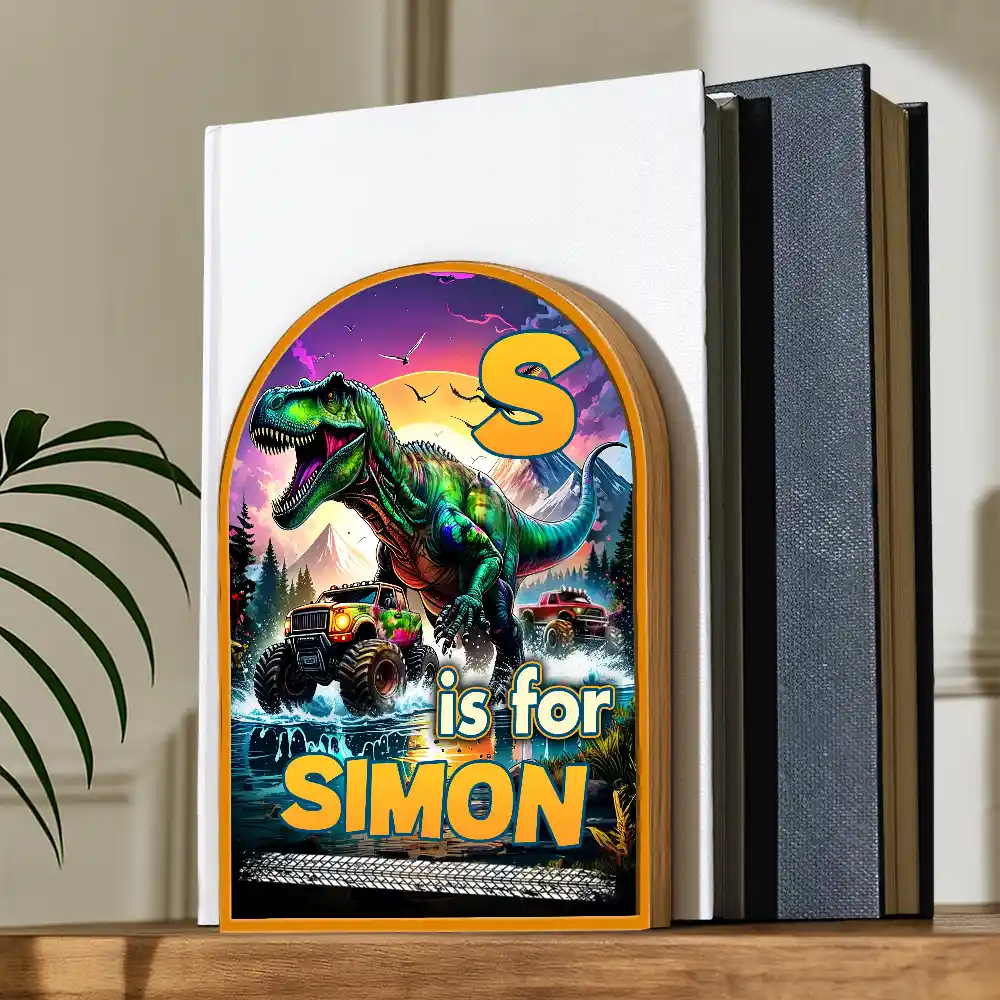 Dinosaur Big Trucks Kids - Personalized Wood Book Ends - Image 2