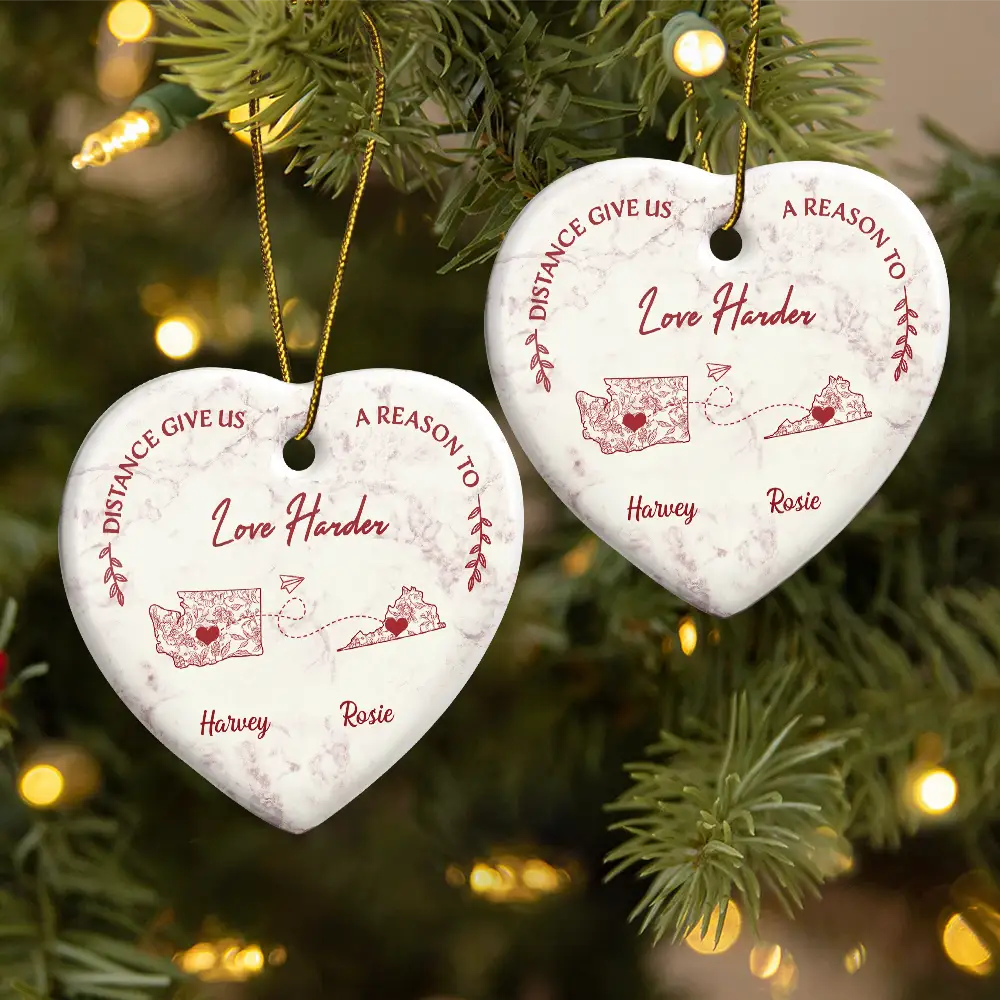Distance Give Us A Reason To Love Harder Toile US State - Personalized Heart Ceramic Ornament - Image 2