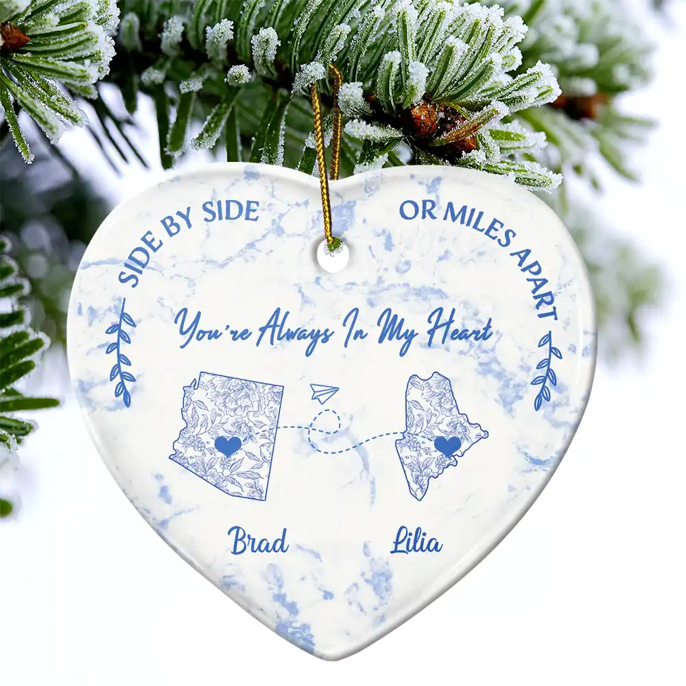 Distance Give Us A Reason To Love Harder Toile US State - Personalized Heart Ceramic Ornament - Image 4