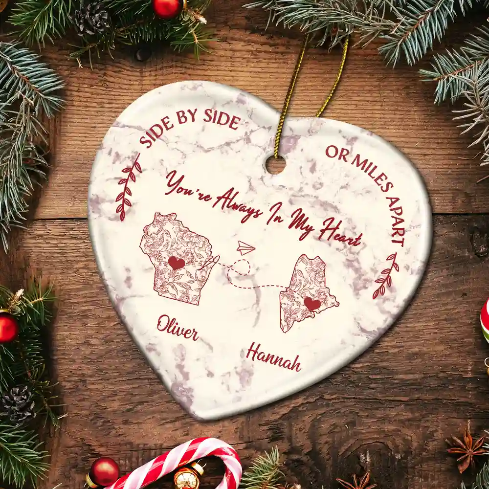 Distance Give Us A Reason To Love Harder Toile US State - Personalized Heart Ceramic Ornament - Image 5