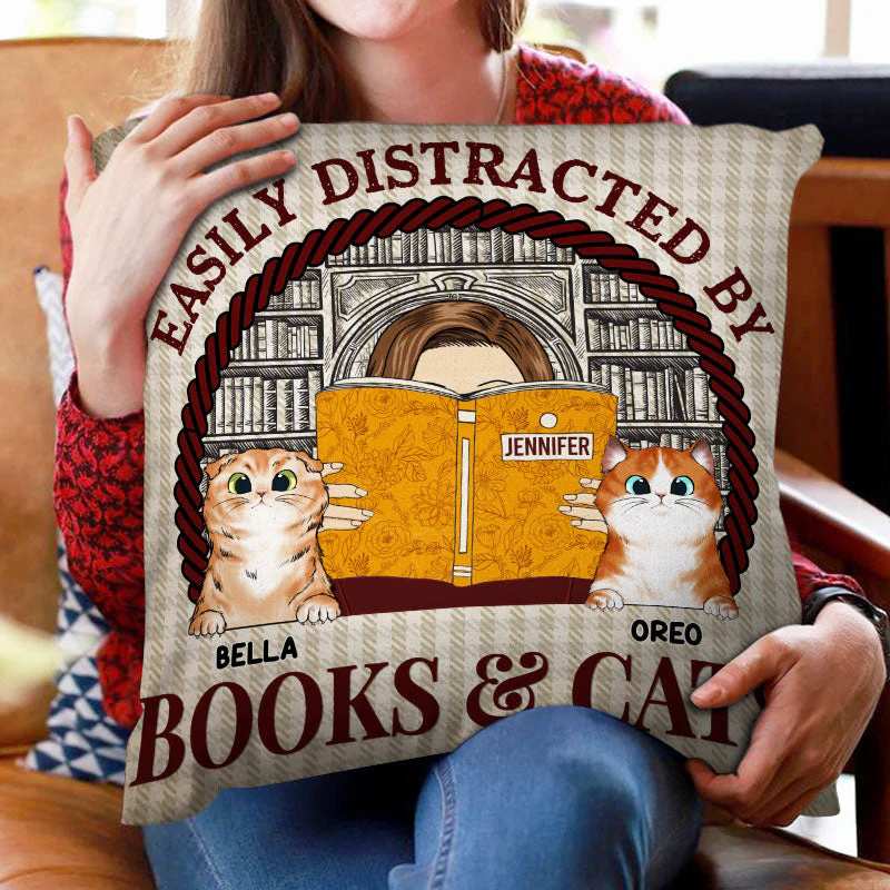 Distracted By Books & Cats - Gift For Book & Cat Lover - Personalized Custom Pillow - Image 2
