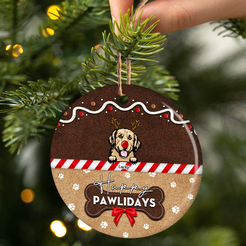 Dog & Cat Lovers Happy Pawlidays - Christmas Gift For Pet Lovers - Personalized Custom Circle Ceramic Ornament - Image 3
