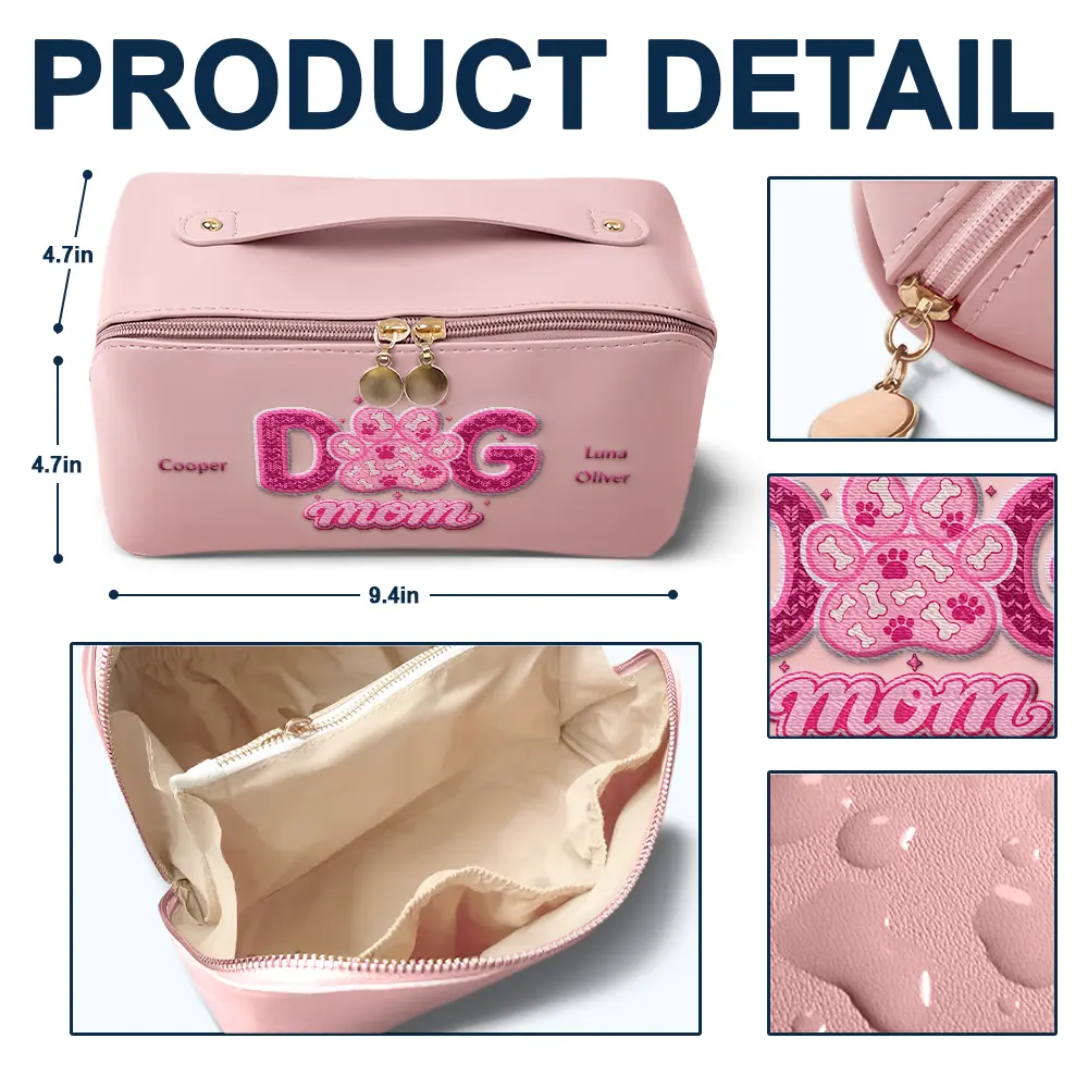 Dog Cat Mama Mom Custom Pet Name - Personalized Embroidered Leather Makeup Bag - Image 4