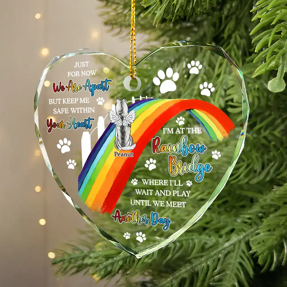 Dog Cat Memorial We'll Wait And Play At The Rainbow Bridge - Personalized Heart Shaped Glass Ornament - Image 2